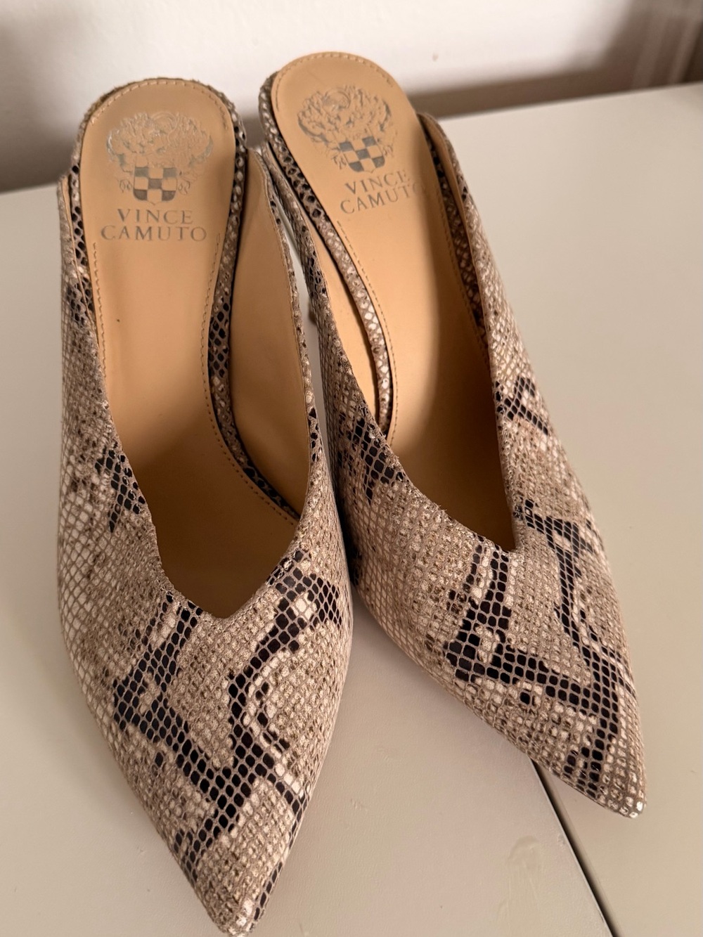 Vince Camuto Pointed Snake-Print Slip-On Mules in Beige and Black